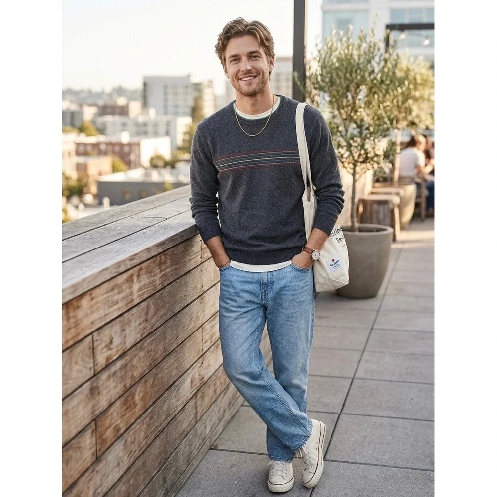 Marine Layer Re-Spun Mens Gray Striped Crewneck Sweater Organic Cotton 14594 S